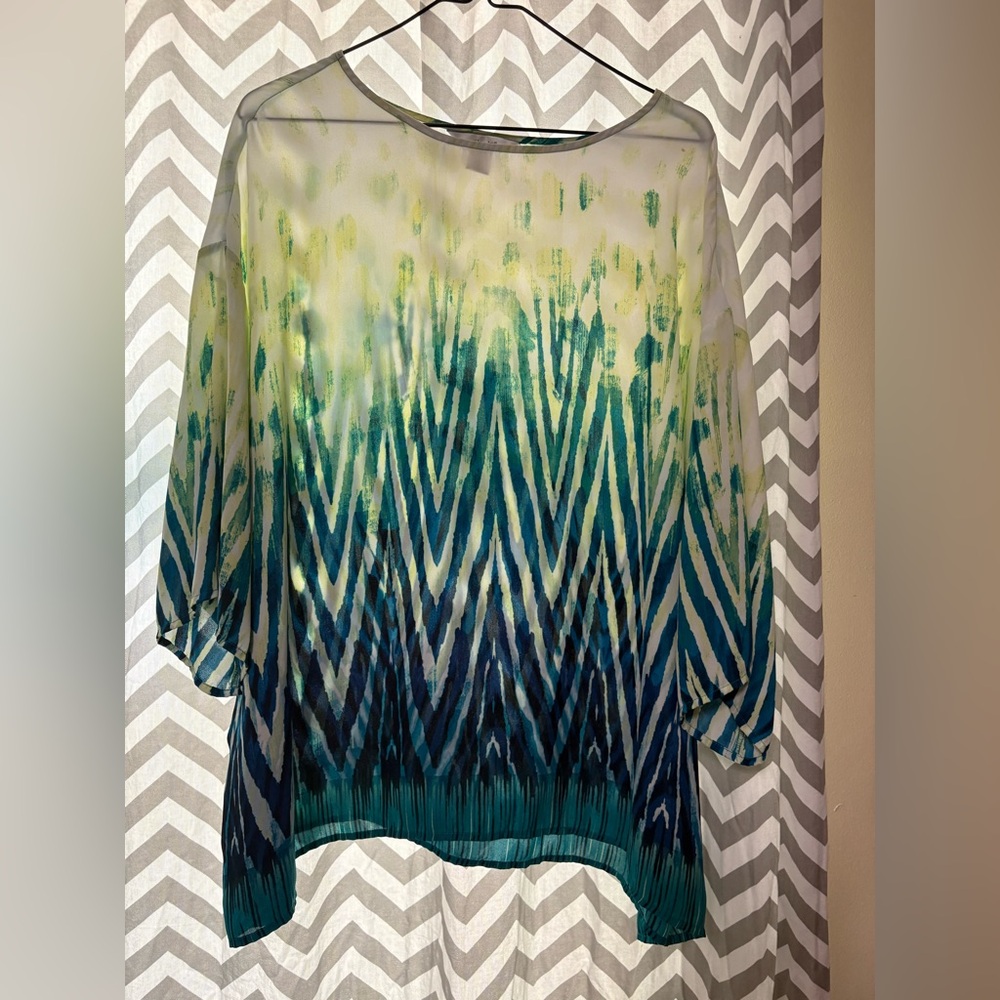 CJ Banks Cream, Teal & Blue Patterned Tunic